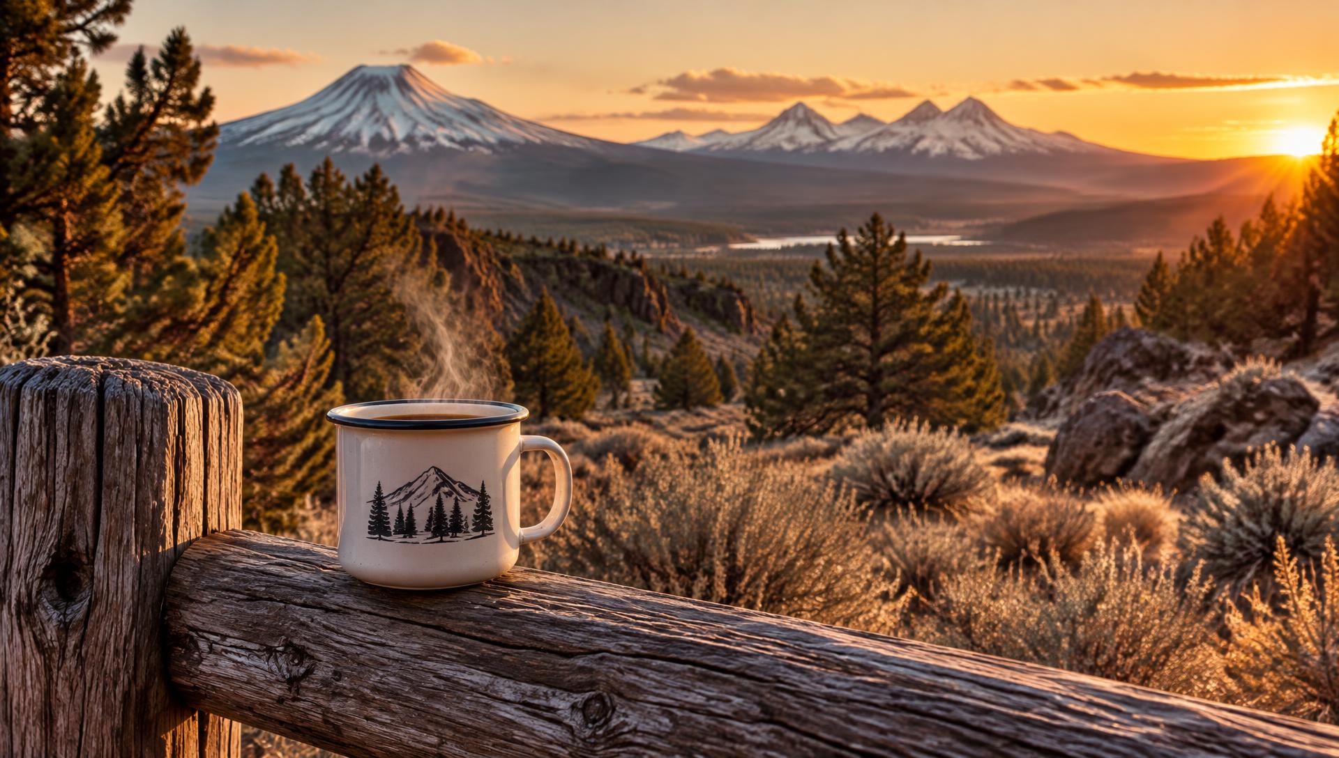 Coffee mug on a fence overlooking the Cascade peaks in Central Oregon