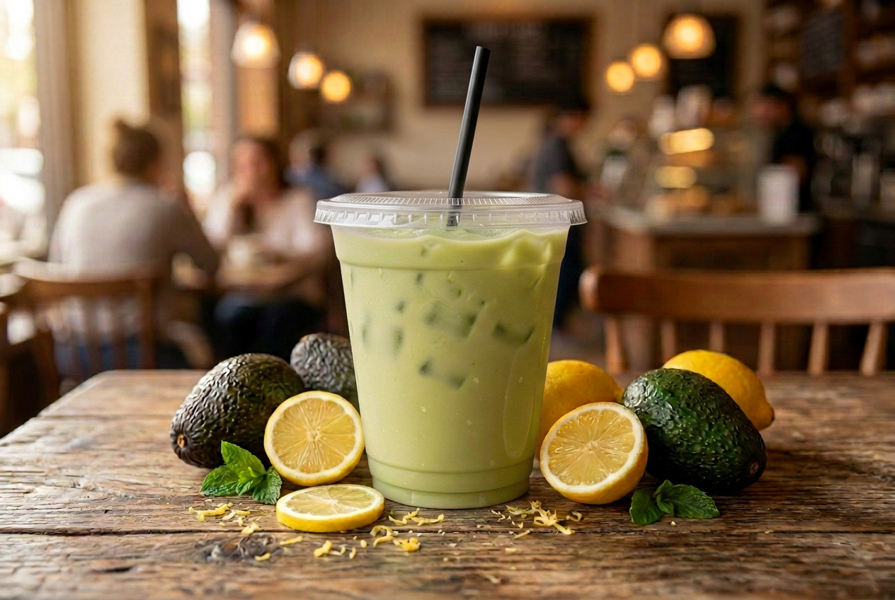 Avocado lemonade in a clear cup with fresh avocados and lemons on a rustic wooden table