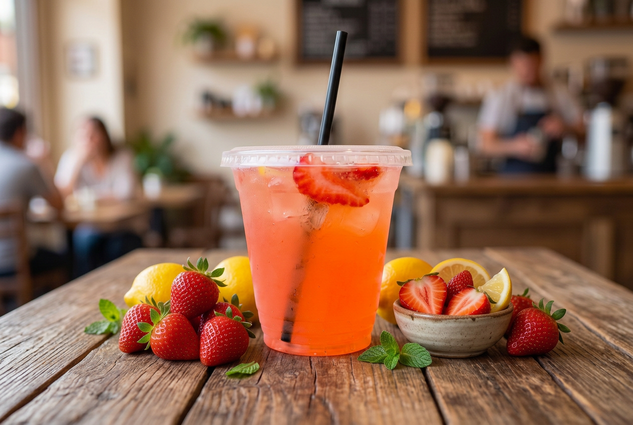 Strawberry lemonade in a clear cup with fresh strawberries and lemons on a rustic wooden table